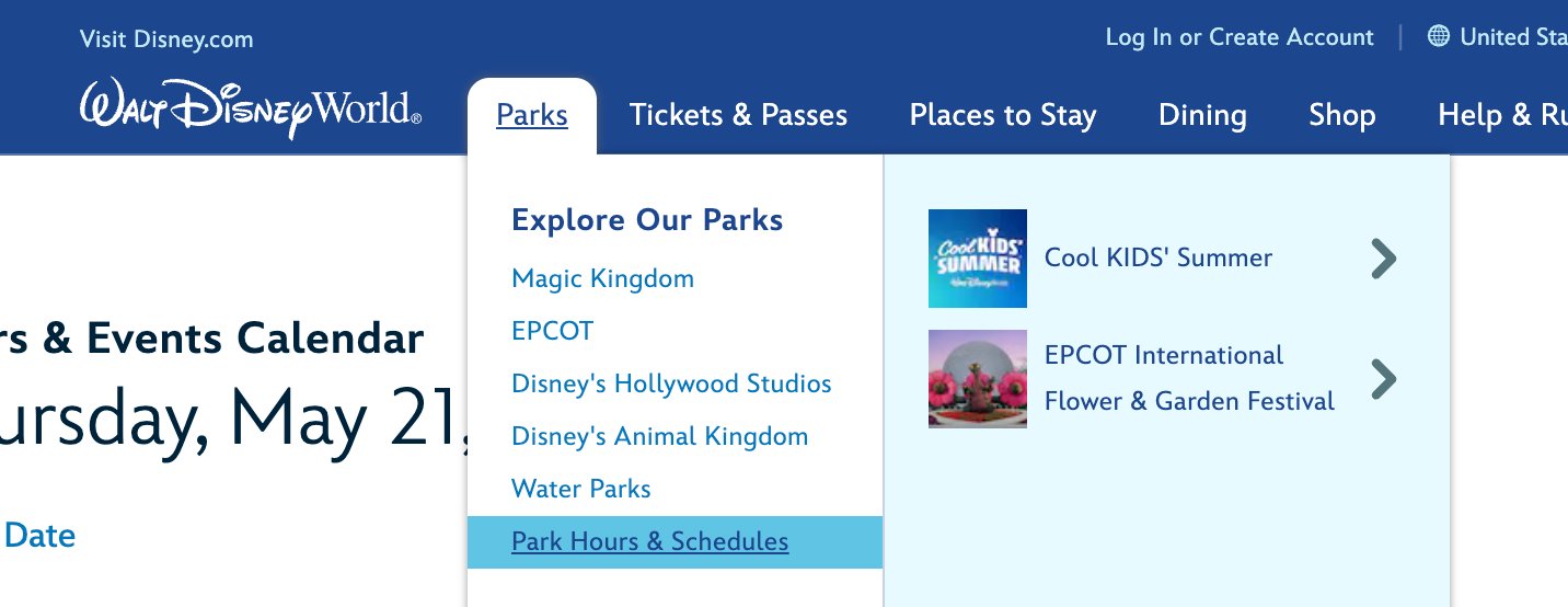 WDW公式サイト パークメニュー